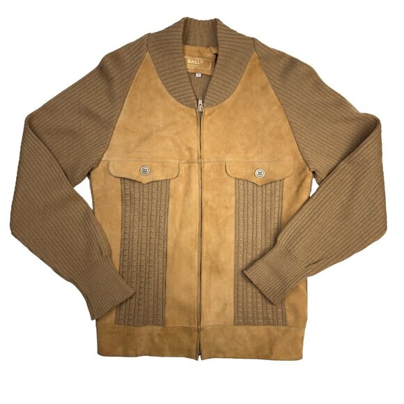 BALLY Heritage Suede Tan Knitted Lazy Luxury Western Boho Jacket Zip-up M - Picture 5 of 9
